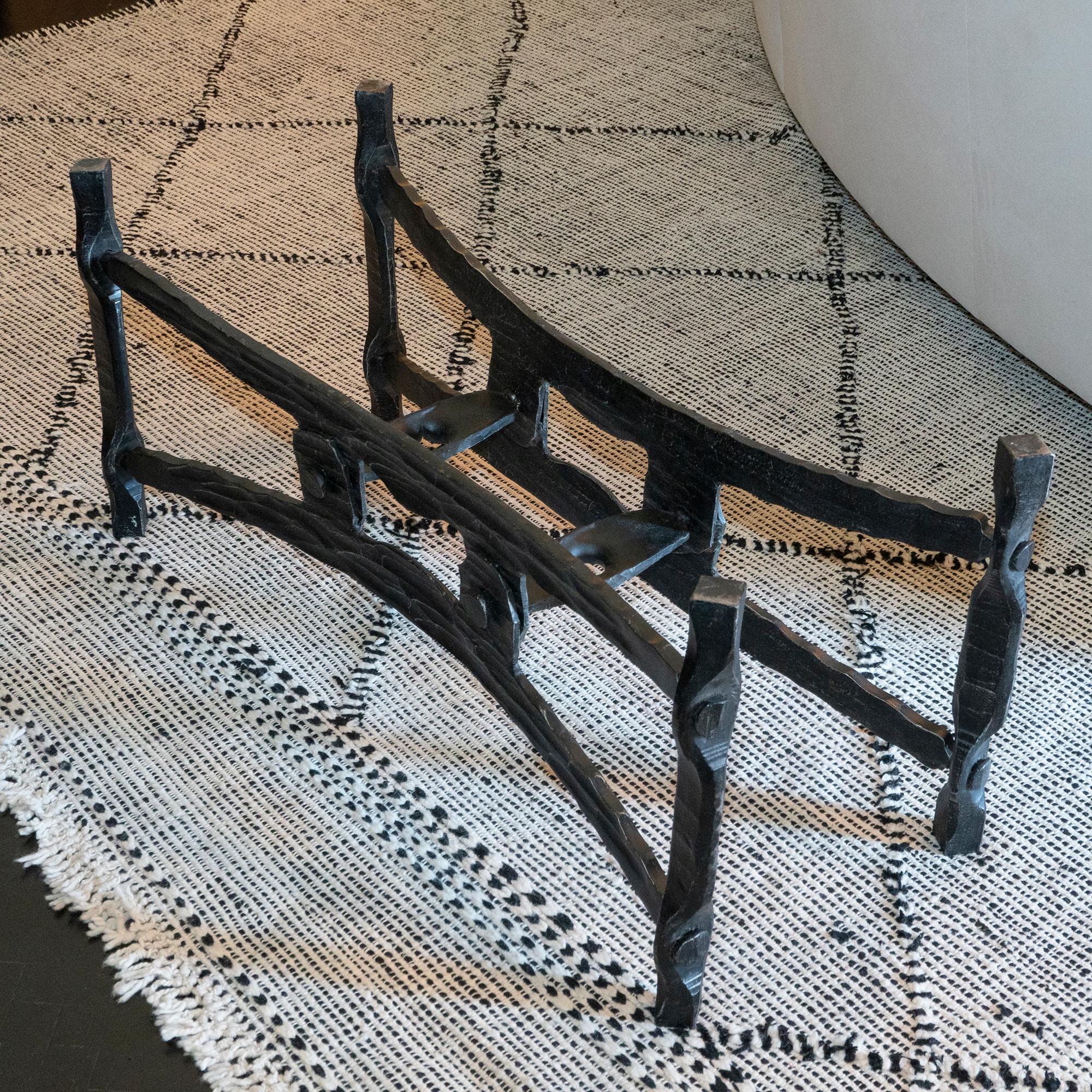French Forged Iron Coffee Table Base, Smoked Glass Top, France, 1940s For Sale