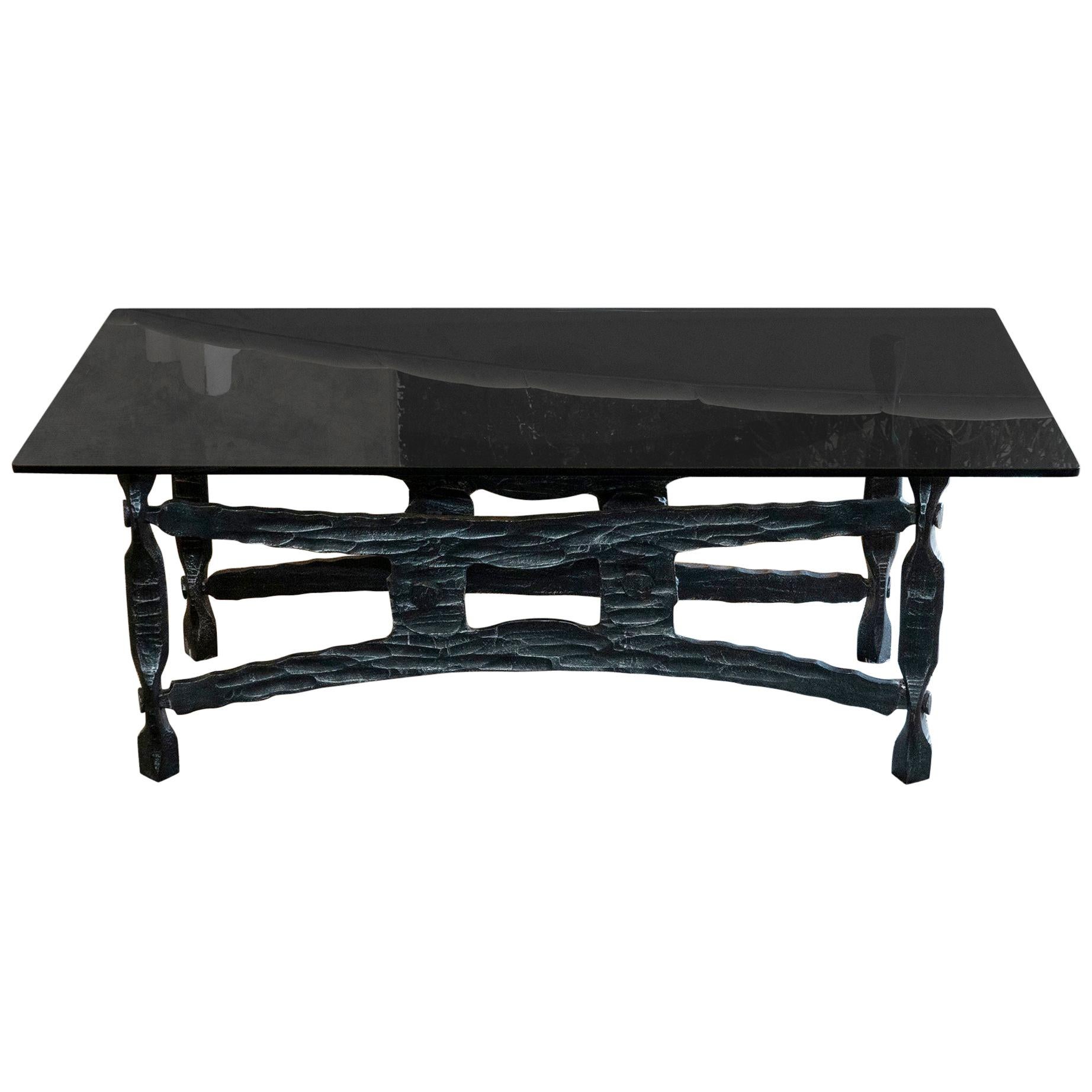 Forged Iron Coffee Table Base, Smoked Glass Top, France, 1940s For Sale