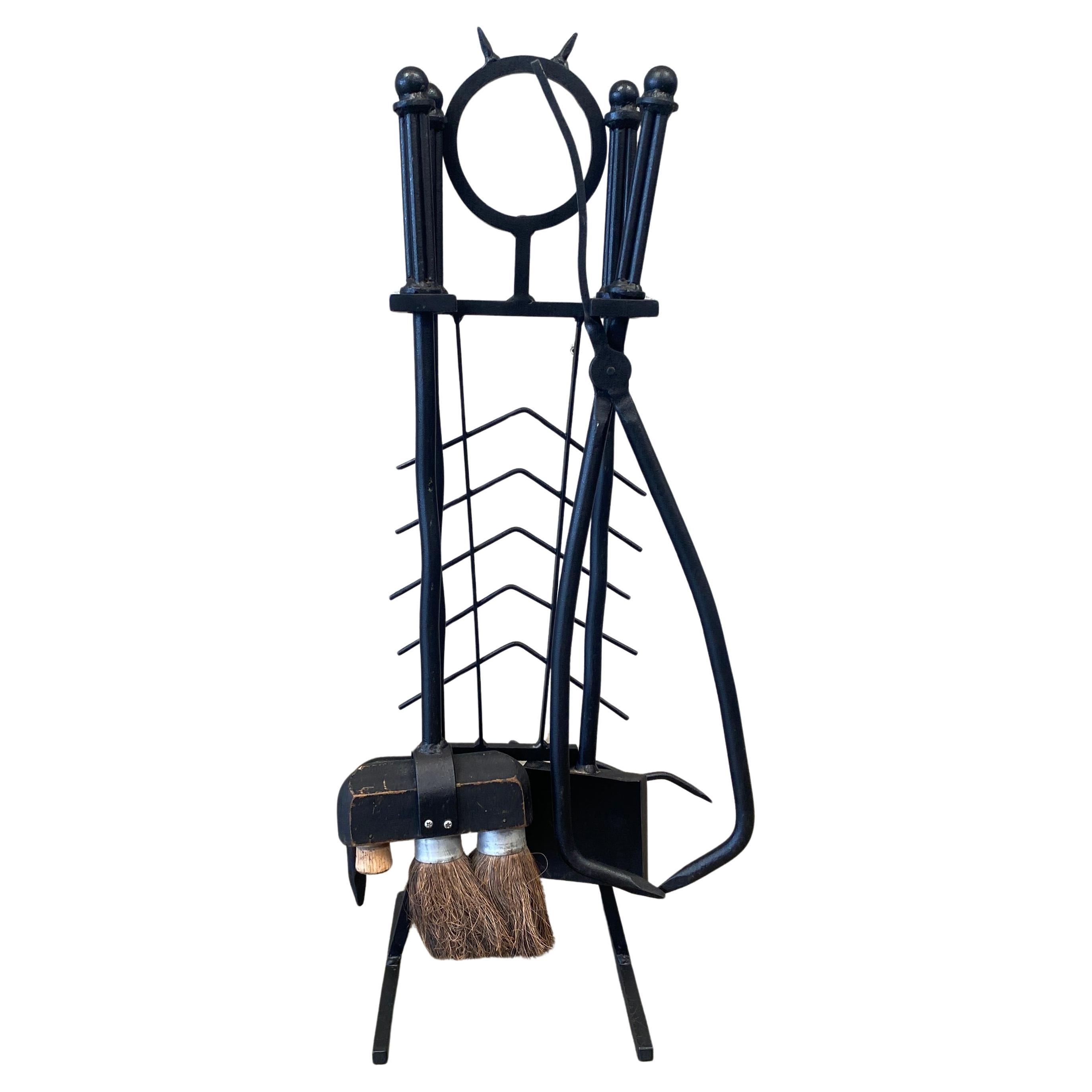 Forged Iron Fireplace Tools Set Signed 1989 For Sale