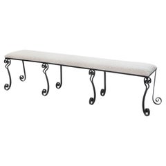 Forged Iron Rousing Art Déco Bench with Offwhite Bouclé Fabric Portugal 1920s Forged Iron Rousing Art Déco Bench with Offwhite Bouclé Fabric Portugal 1920s