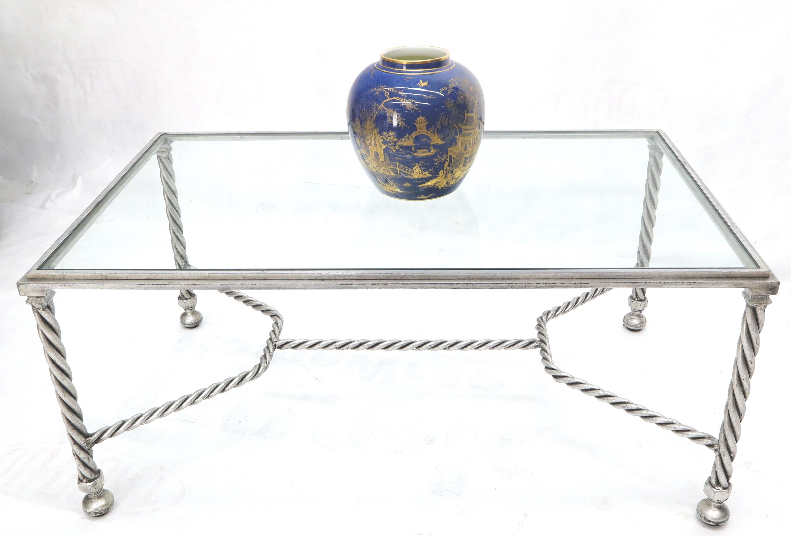 Forged Metal Twisted Rope Effect Silver Gilt Base Rectangle Coffee Table For Sale 4