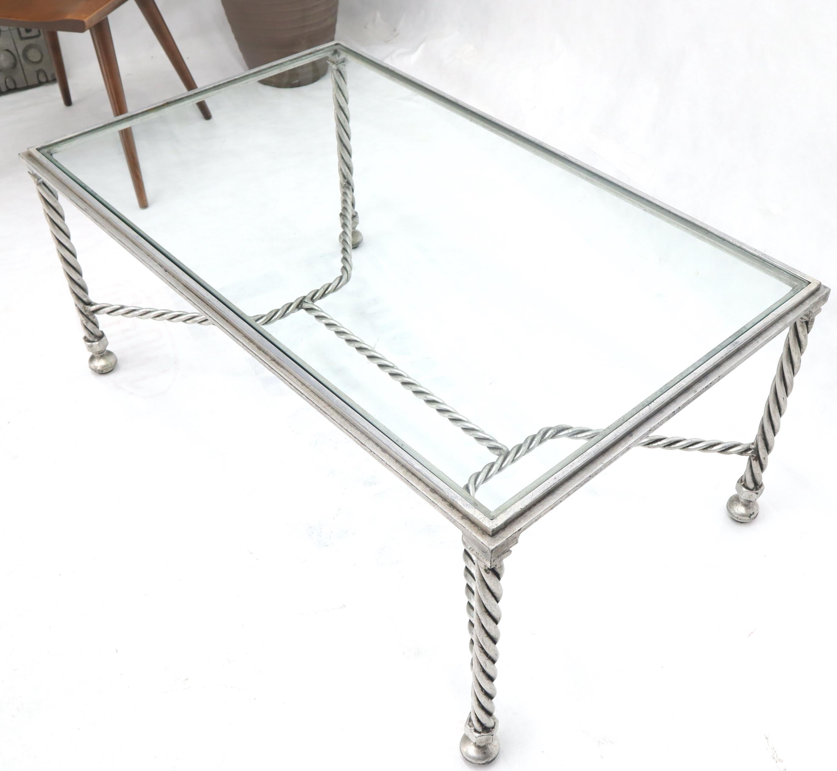 Mid-Century Modern Forged Metal Twisted Rope Effect Silver Gilt Base Rectangle Coffee Table For Sale