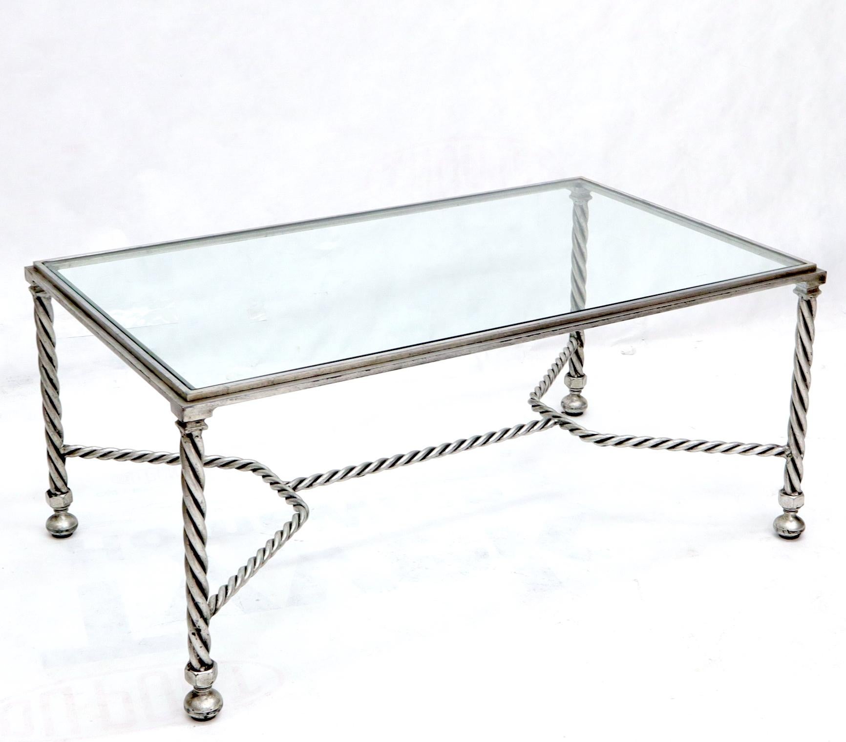 Italian Forged Metal Twisted Rope Effect Silver Gilt Base Rectangle Coffee Table For Sale
