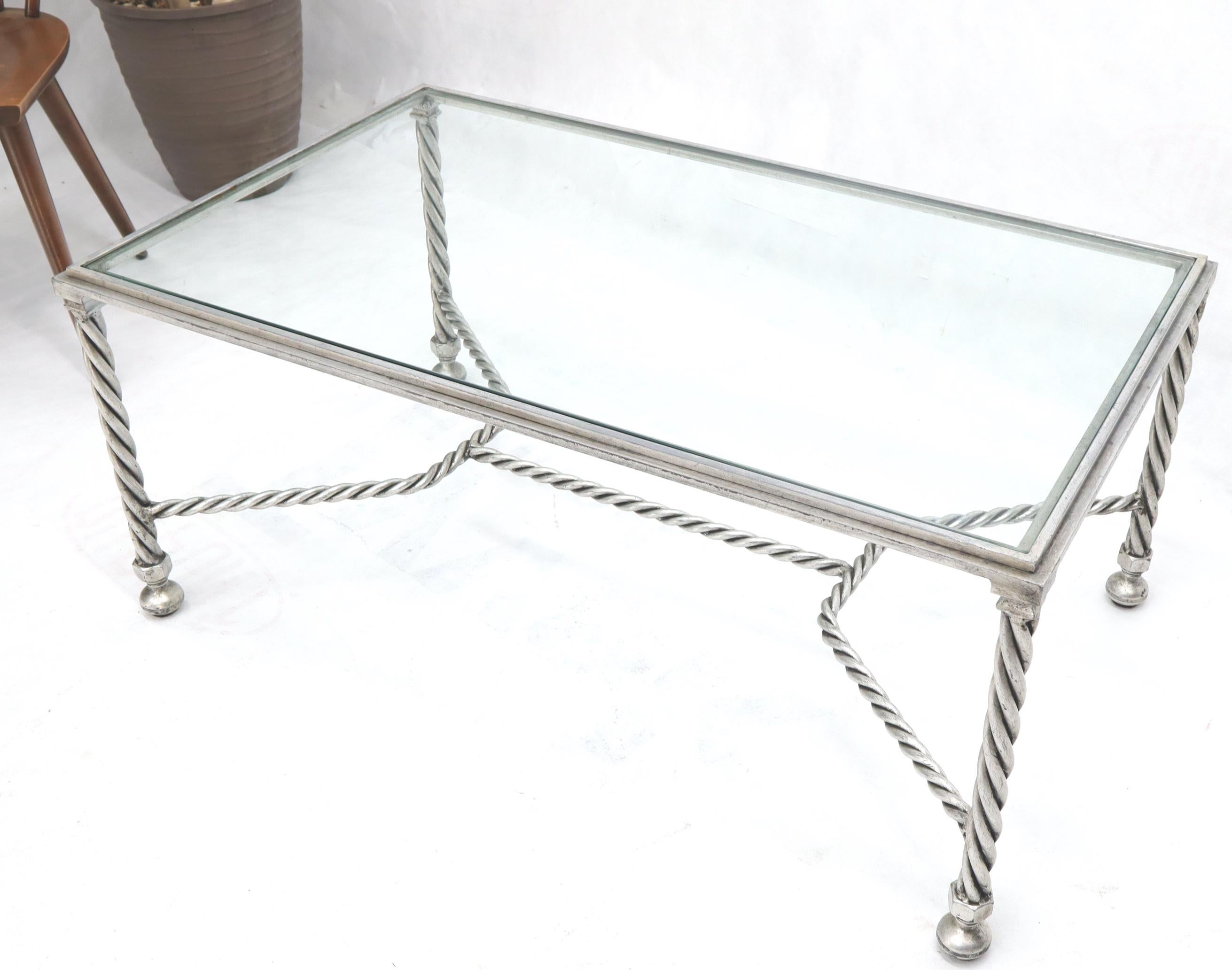 20th Century Forged Metal Twisted Rope Effect Silver Gilt Base Rectangle Coffee Table For Sale