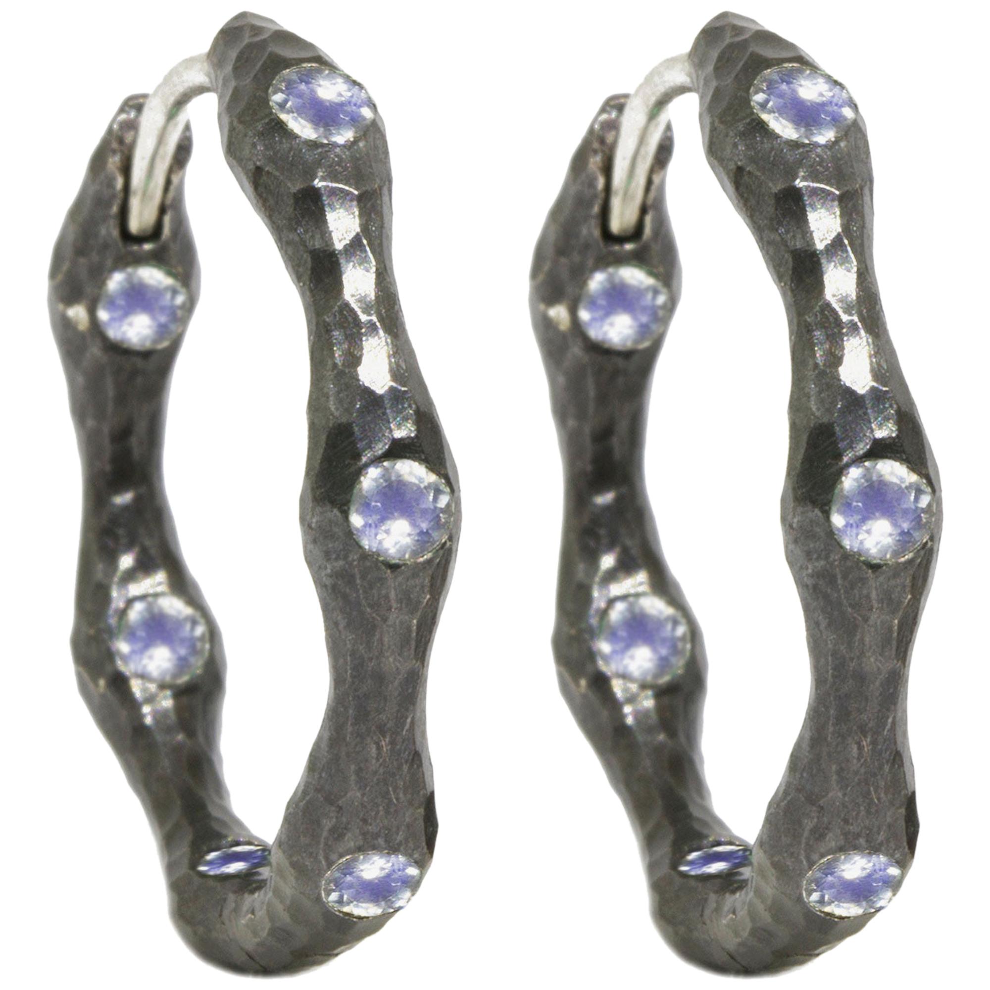 Forged Moonstone Black Oxidized Silver Hoop Earrings