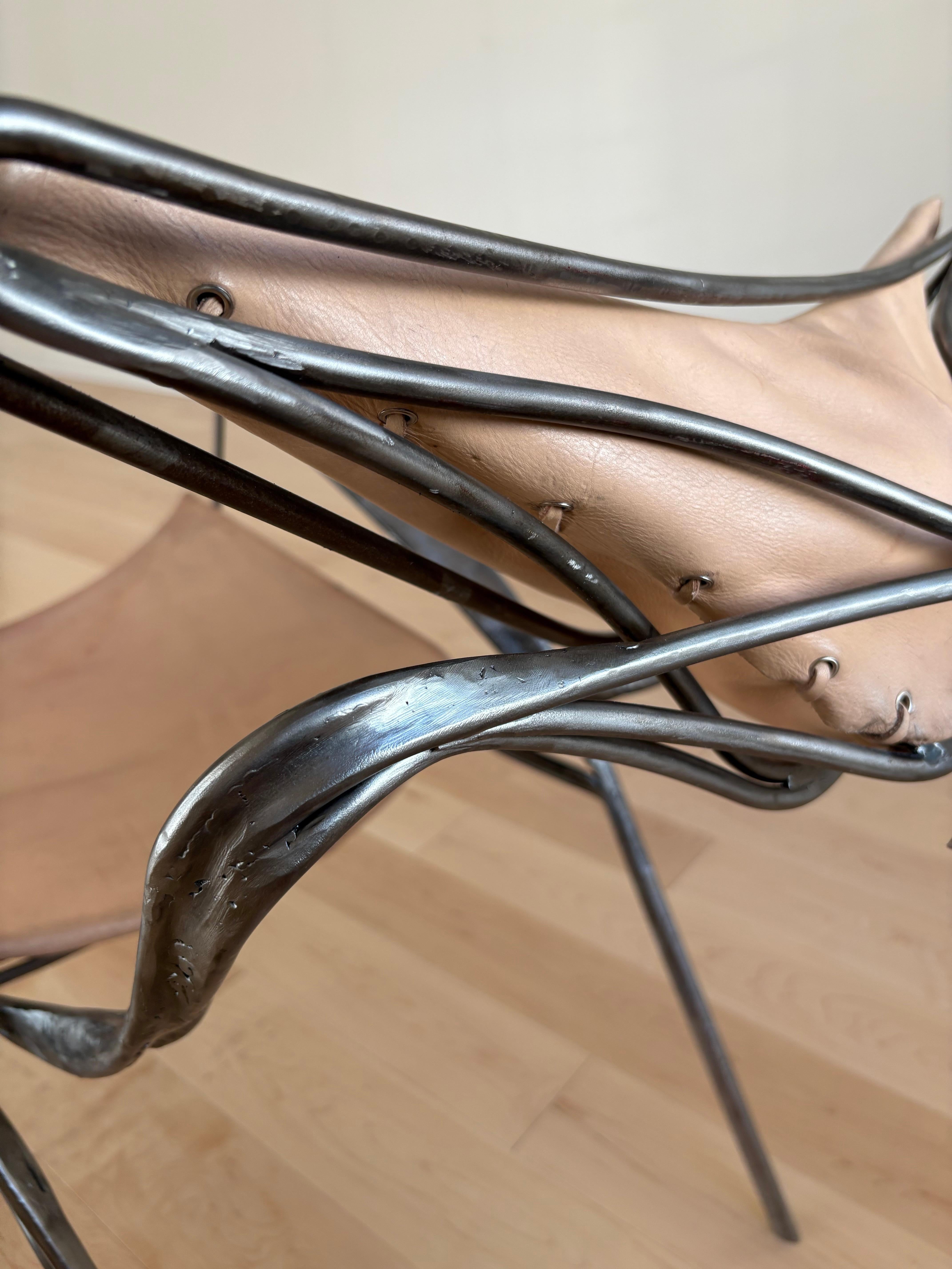 Forged Sculptural Brutalist Steel and vegetable tan leather lounge chair For Sale 4