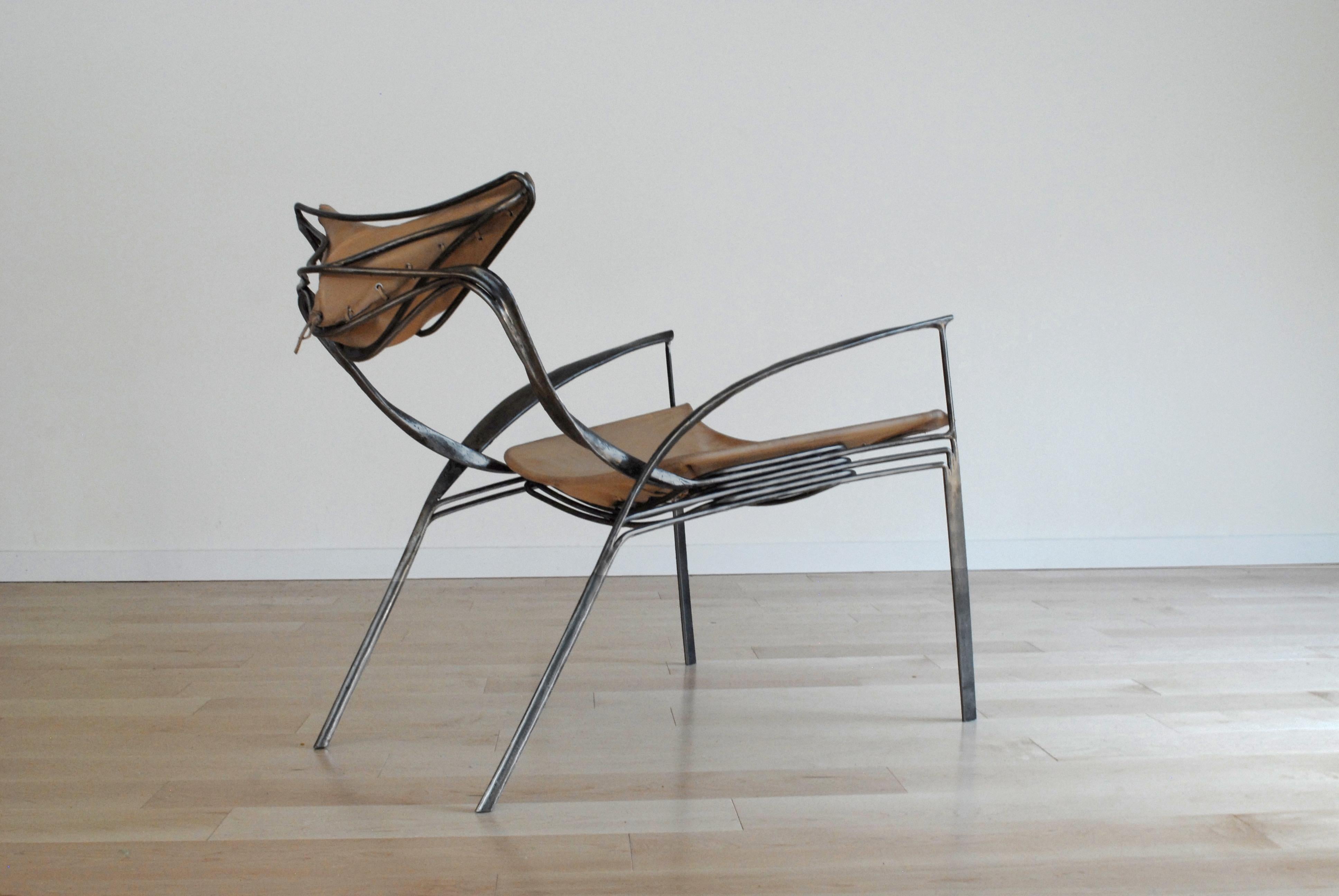 Sculptural Steel & Leather Chair by Joseph Dieppa  Collectible Design  Los Angeles, 2024
A singular work by Los Angeles-based designer Joseph Dieppa, this sculptural chair exists at the intersection of fine art and functional form. Handcrafted from