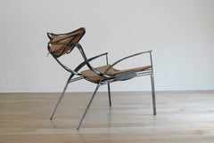 Forged Sculptural Brutalist Steel and vegetable tan leather lounge chair