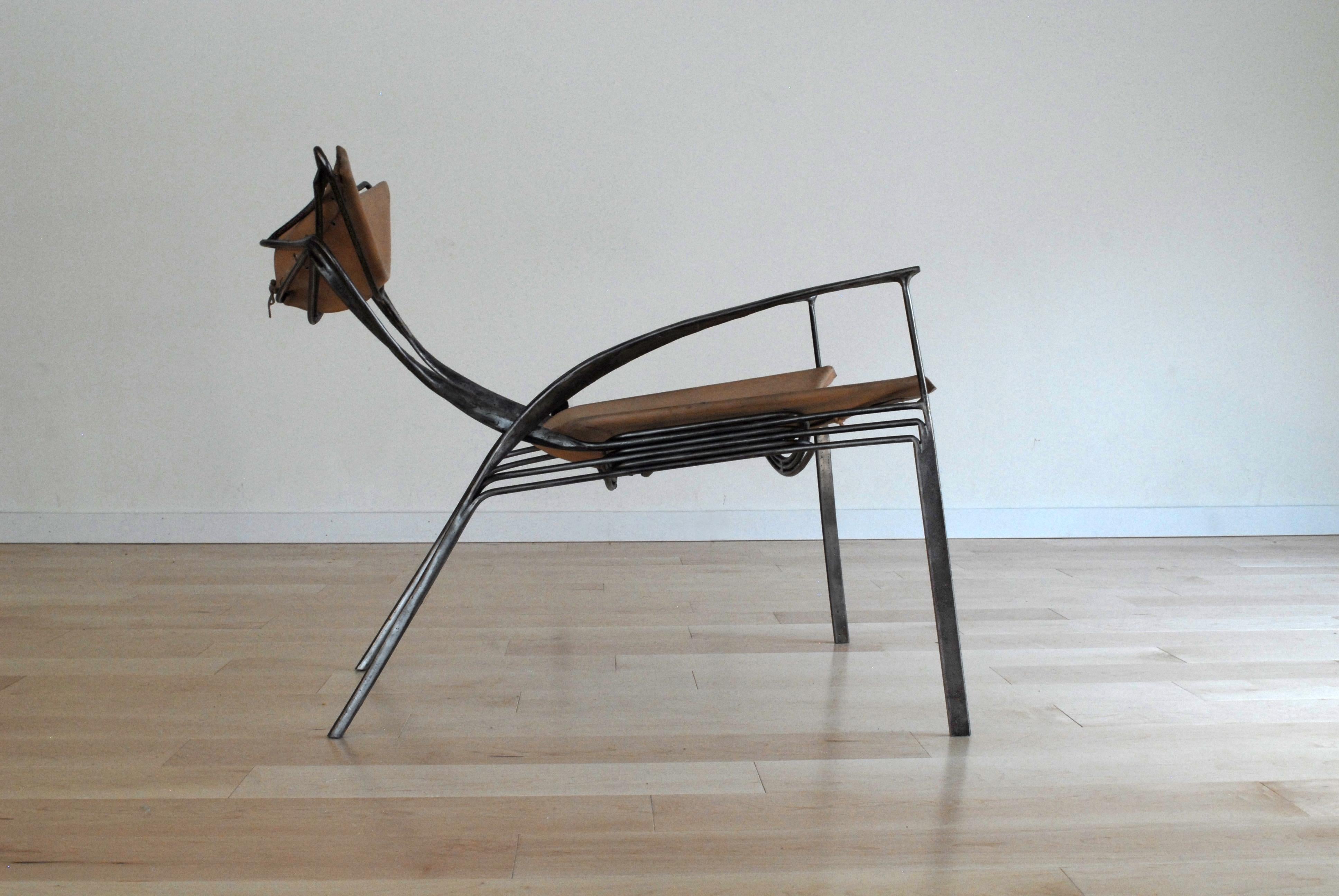 American Forged Sculptural Brutalist Steel and vegetable tan leather lounge chair For Sale