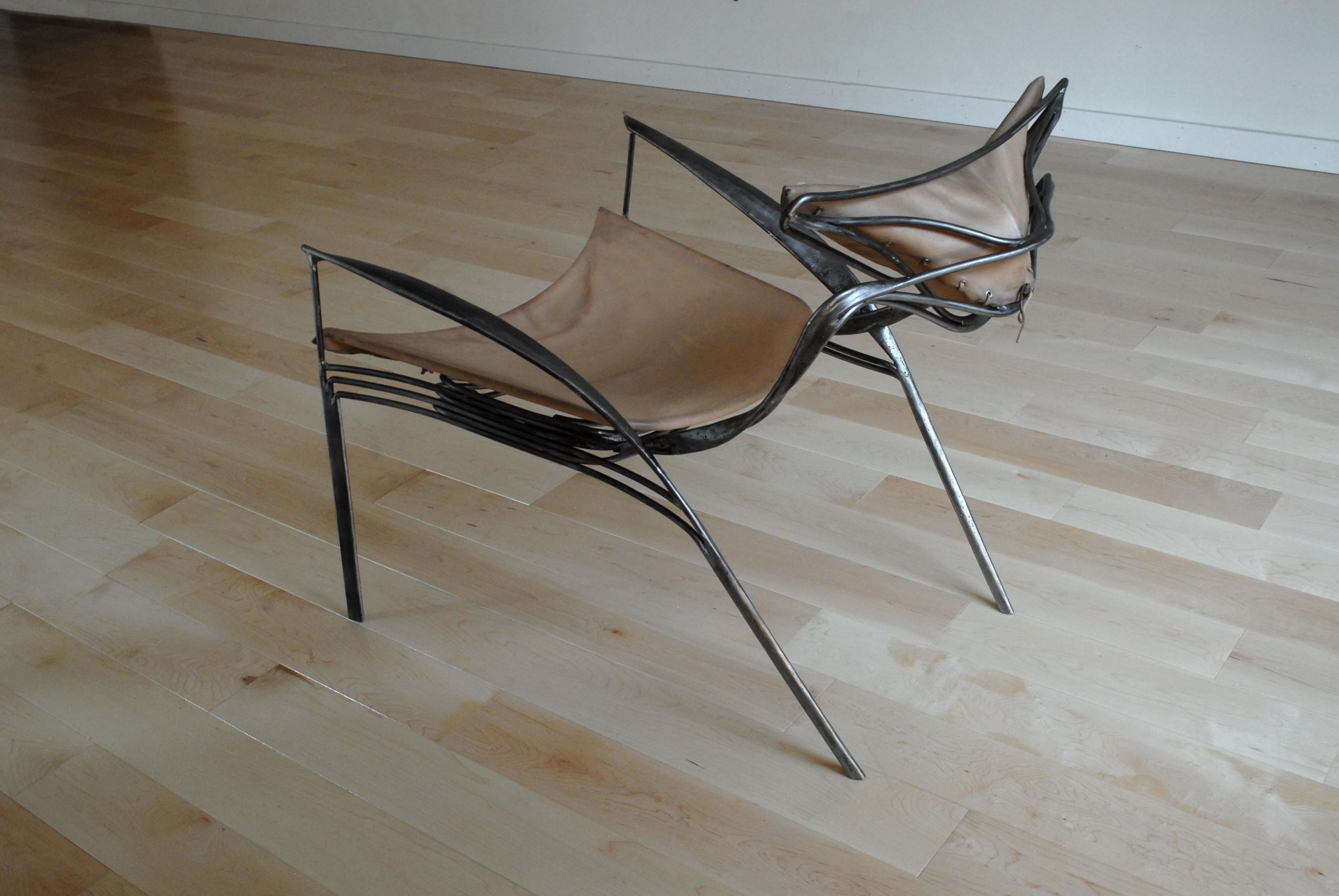 Welded Forged Sculptural Brutalist Steel and vegetable tan leather lounge chair For Sale