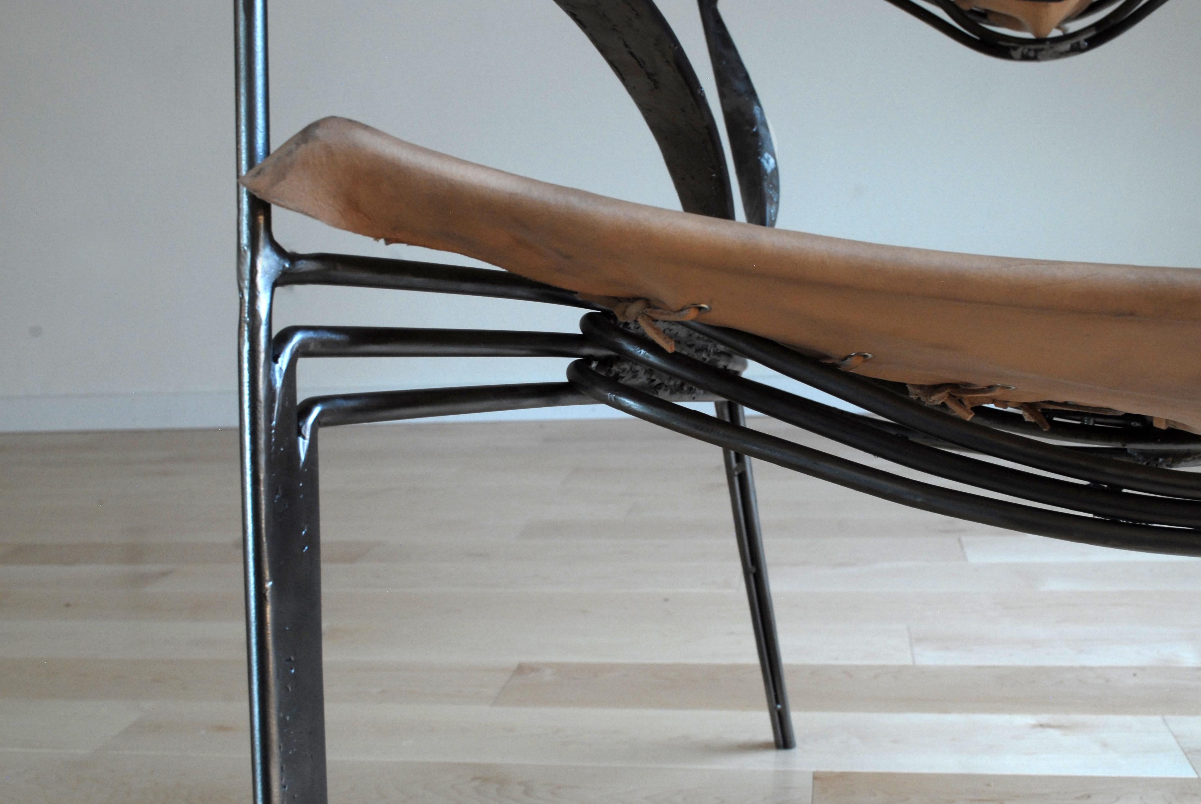 Forged Sculptural Brutalist Steel and vegetable tan leather lounge chair In New Condition For Sale In Los Angeles, CA