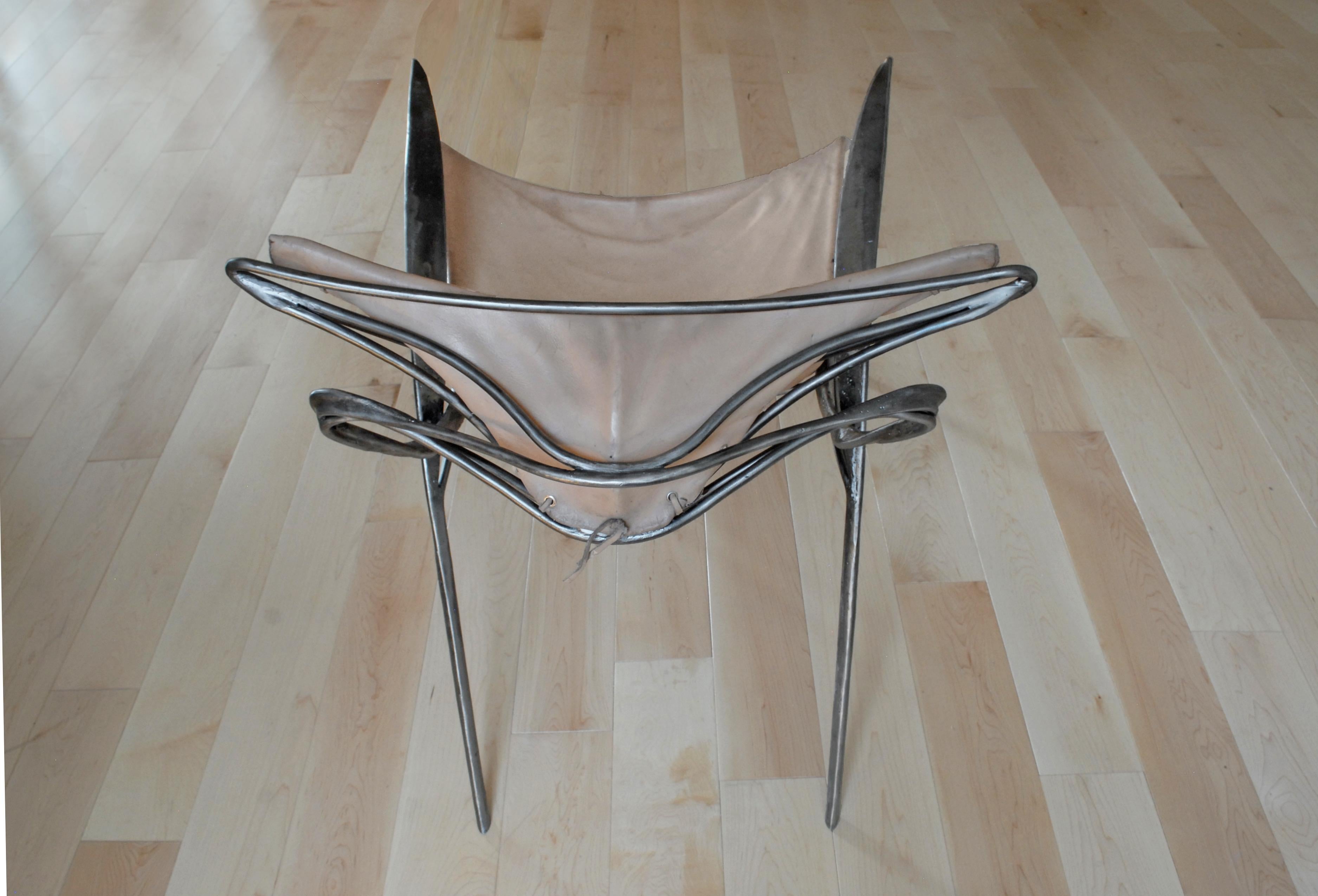 Contemporary Forged Sculptural Brutalist Steel and vegetable tan leather lounge chair For Sale