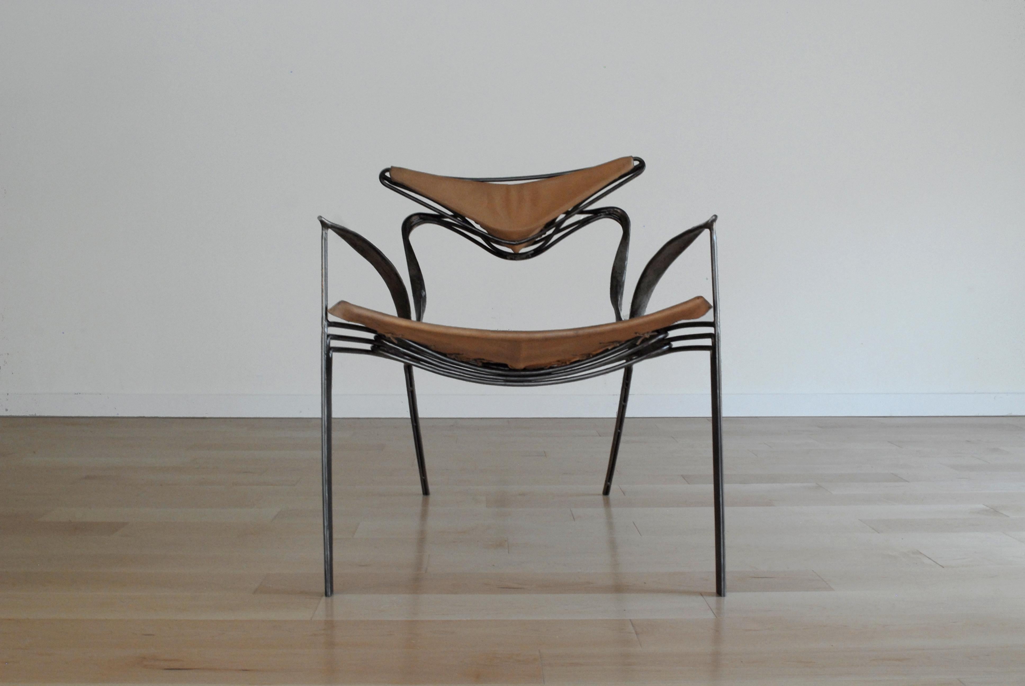 Forged Sculptural Brutalist Steel and vegetable tan leather lounge chair For Sale 2