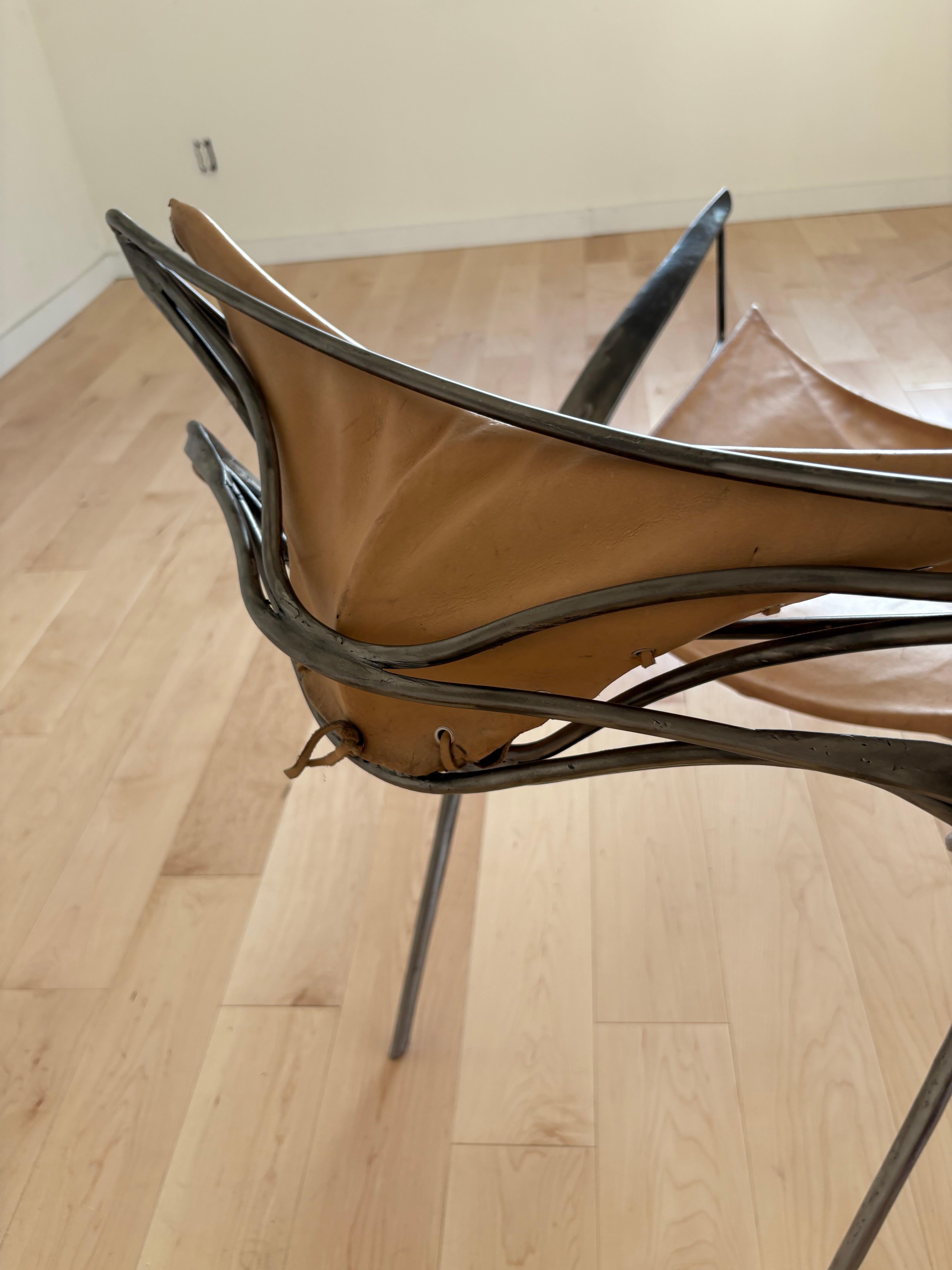 Forged Sculptural Brutalist Steel and vegetable tan leather lounge chair For Sale 3