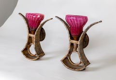 Forged Sculptural Sconces w/ Magenta Blown Glass Shades, Morrison Lighting, Pair
