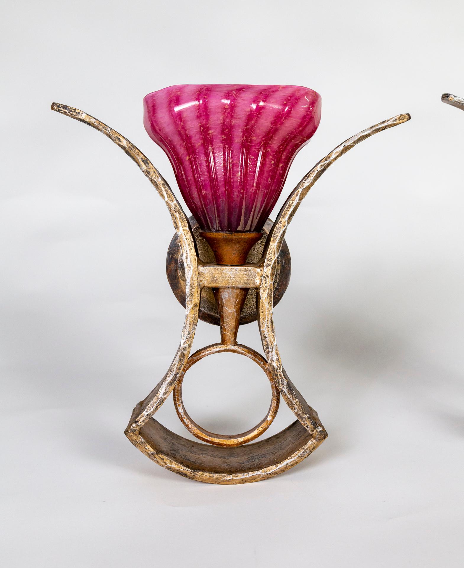 Modern Forged Sculptural Sconces w/ Magenta Blown Glass Shades, Morrison Lighting, Pair For Sale
