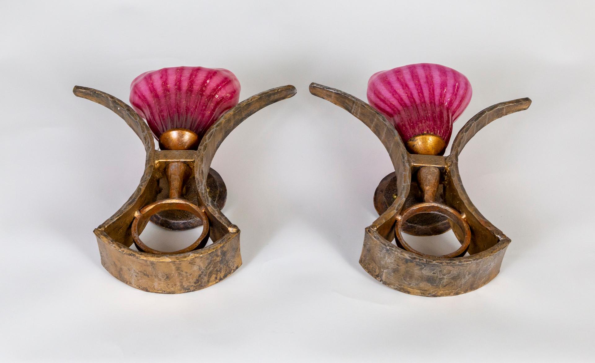 Late 20th Century Forged Sculptural Sconces w/ Magenta Blown Glass Shades, Morrison Lighting, Pair For Sale