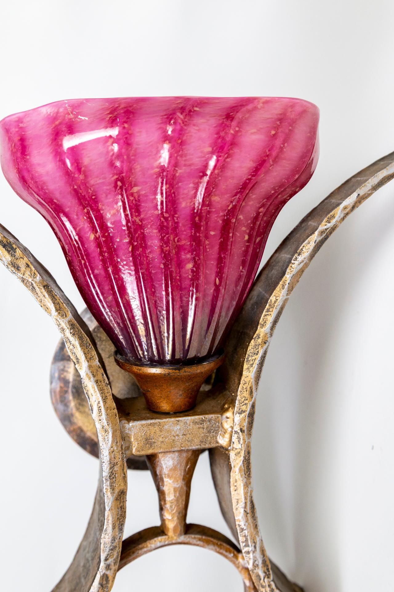 Metal Forged Sculptural Sconces w/ Magenta Blown Glass Shades, Morrison Lighting, Pair For Sale