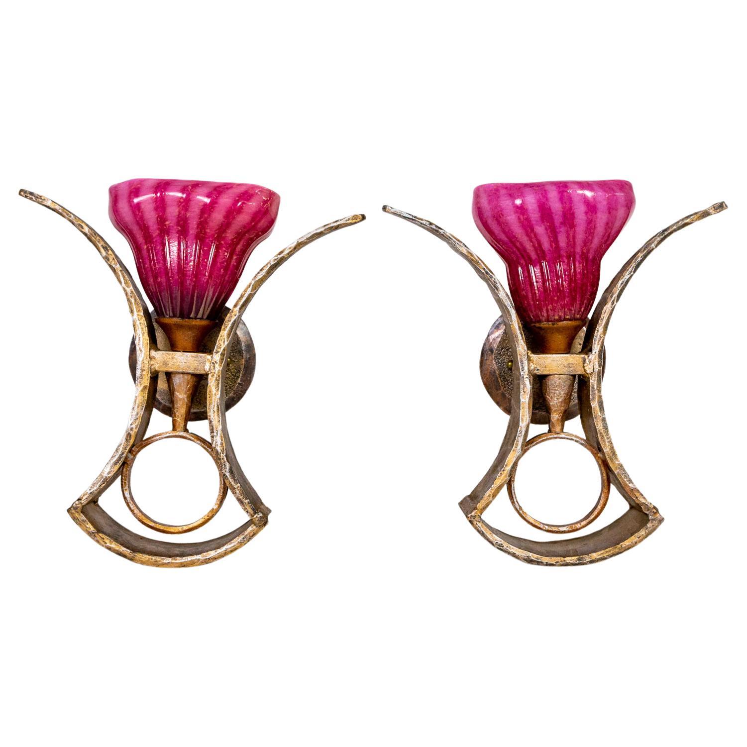 Forged Sculptural Sconces w/ Magenta Blown Glass Shades, Morrison Lighting, Pair