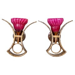 Vintage Forged Sculptural Sconces w/ Magenta Blown Glass Shades, Morrison Lighting, Pair