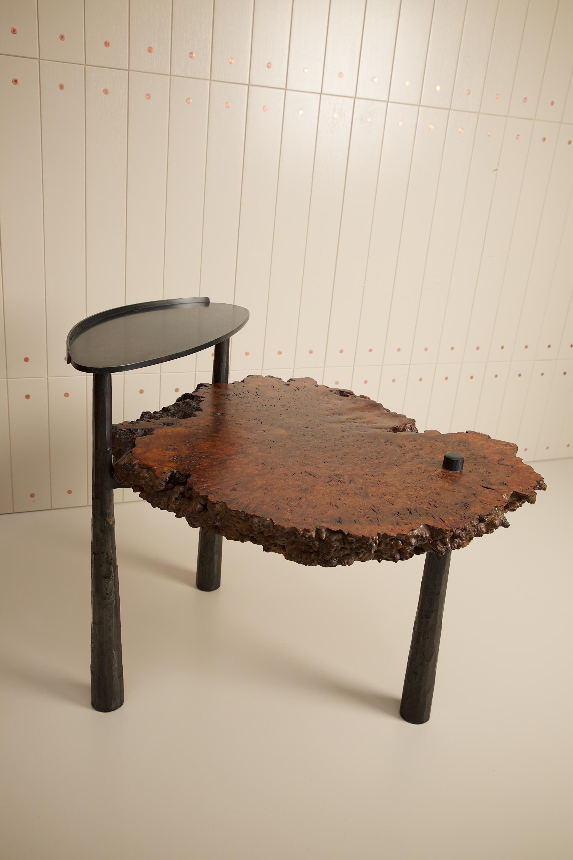 Contemporary Forged steel and Solid Elm burl side table with oval shelf For Sale