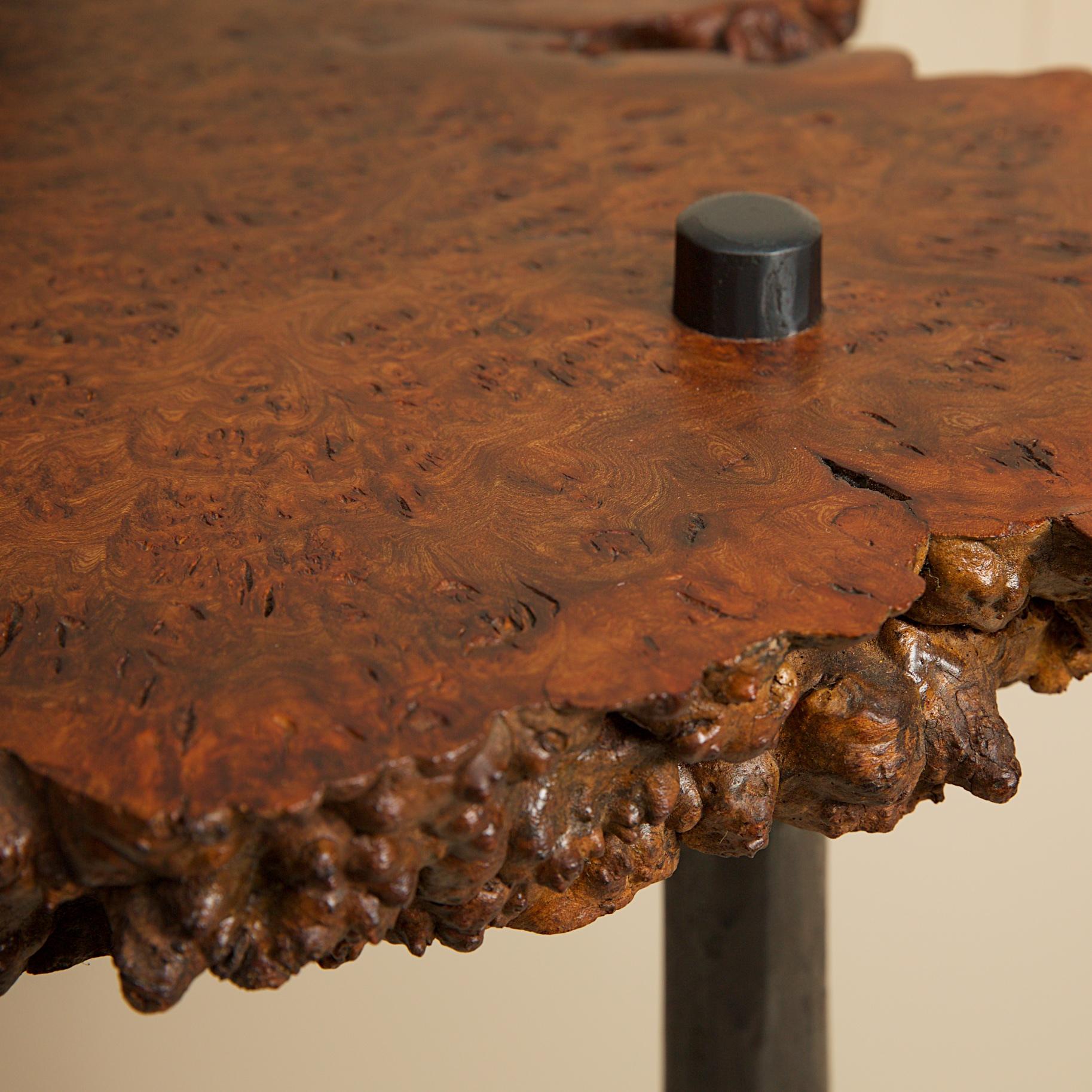 Steel Forged steel and Solid Elm burl side table with oval shelf For Sale