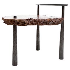 Forged steel and Solid Elm burl side table with oval shelf