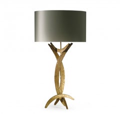 Forged Steel in Bright Gold Finish Table Lamp with Oval Silk Lamp Shade