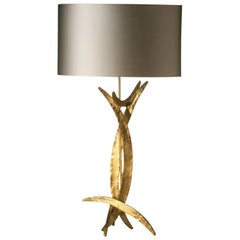 Forged Steel in Bright Gold Finish Table Lamp with Oval Silk Lamp Shade