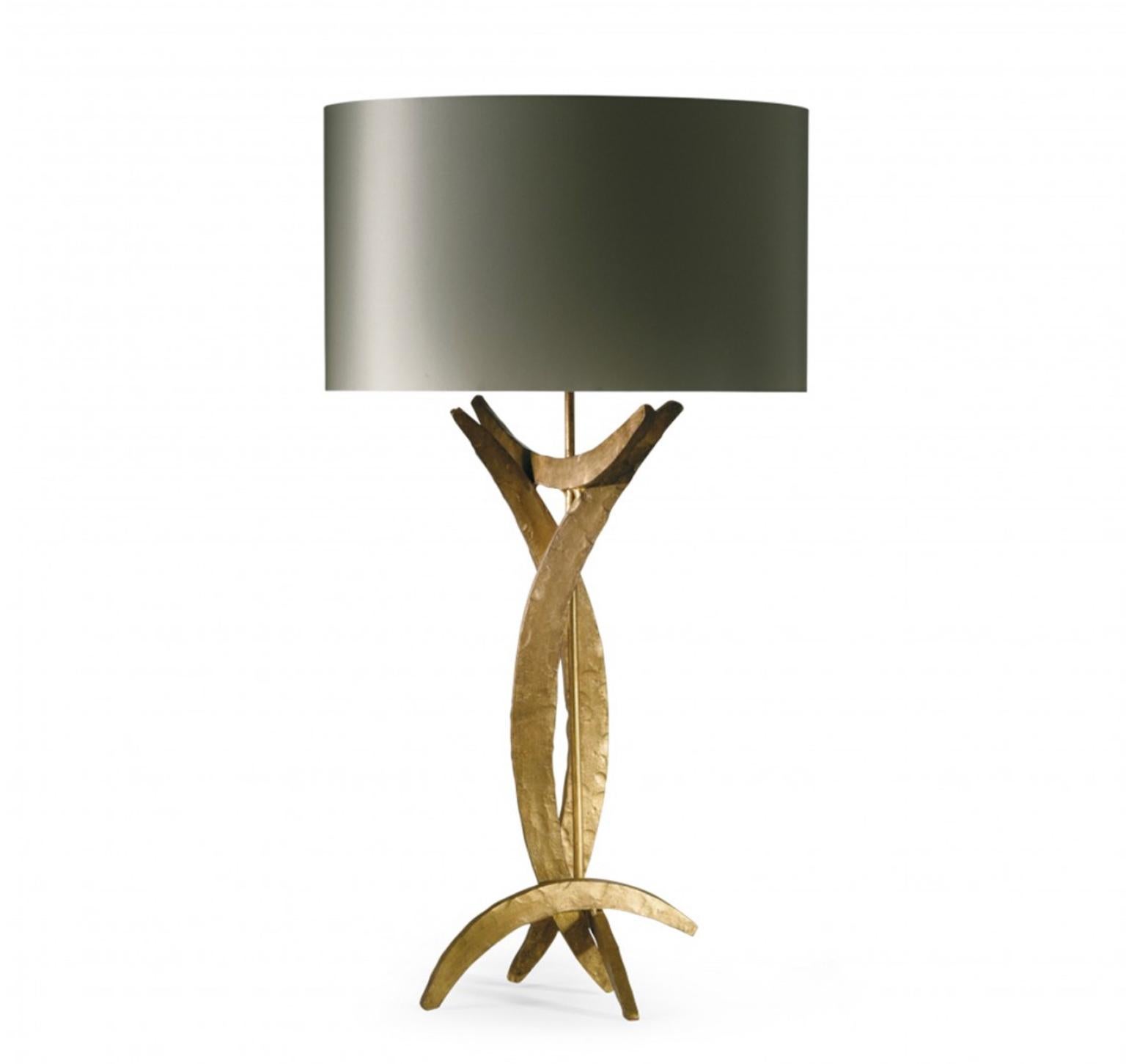 Modern Pair Forged Steel in Bright Gold Finish Table Lamps with Oval Silk Lamp Shades For Sale