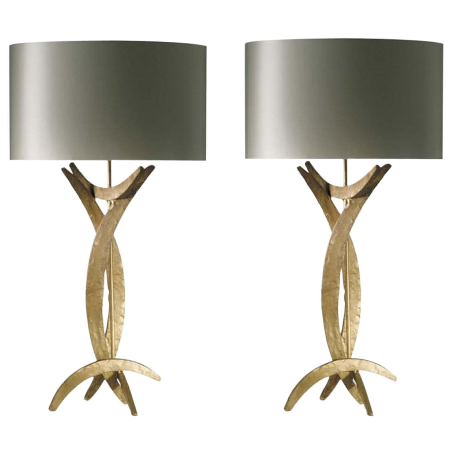 Pair Gold Finish Forged Iron Table Lamps with Oval Silk Lampshades For Sale