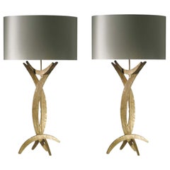 Pair Gold Finish Forged Iron Table Lamps with Oval Silk Lampshades