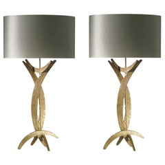 Pair Forged Steel in Bright Gold Finish Table Lamps with Oval Silk Lamp Shades