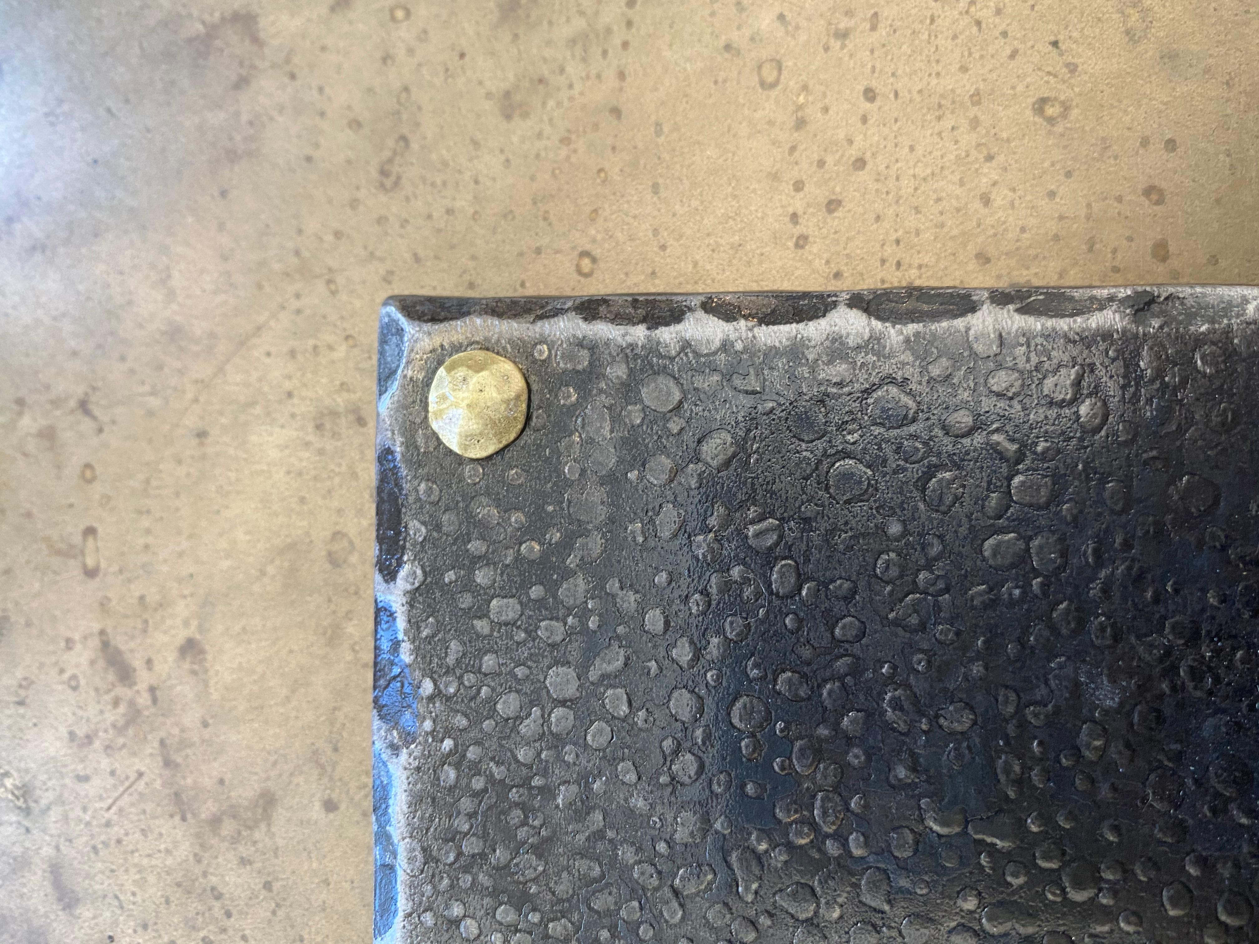 Beveled Forged Steel Square Coaster with Riveted Brass Feet For Sale