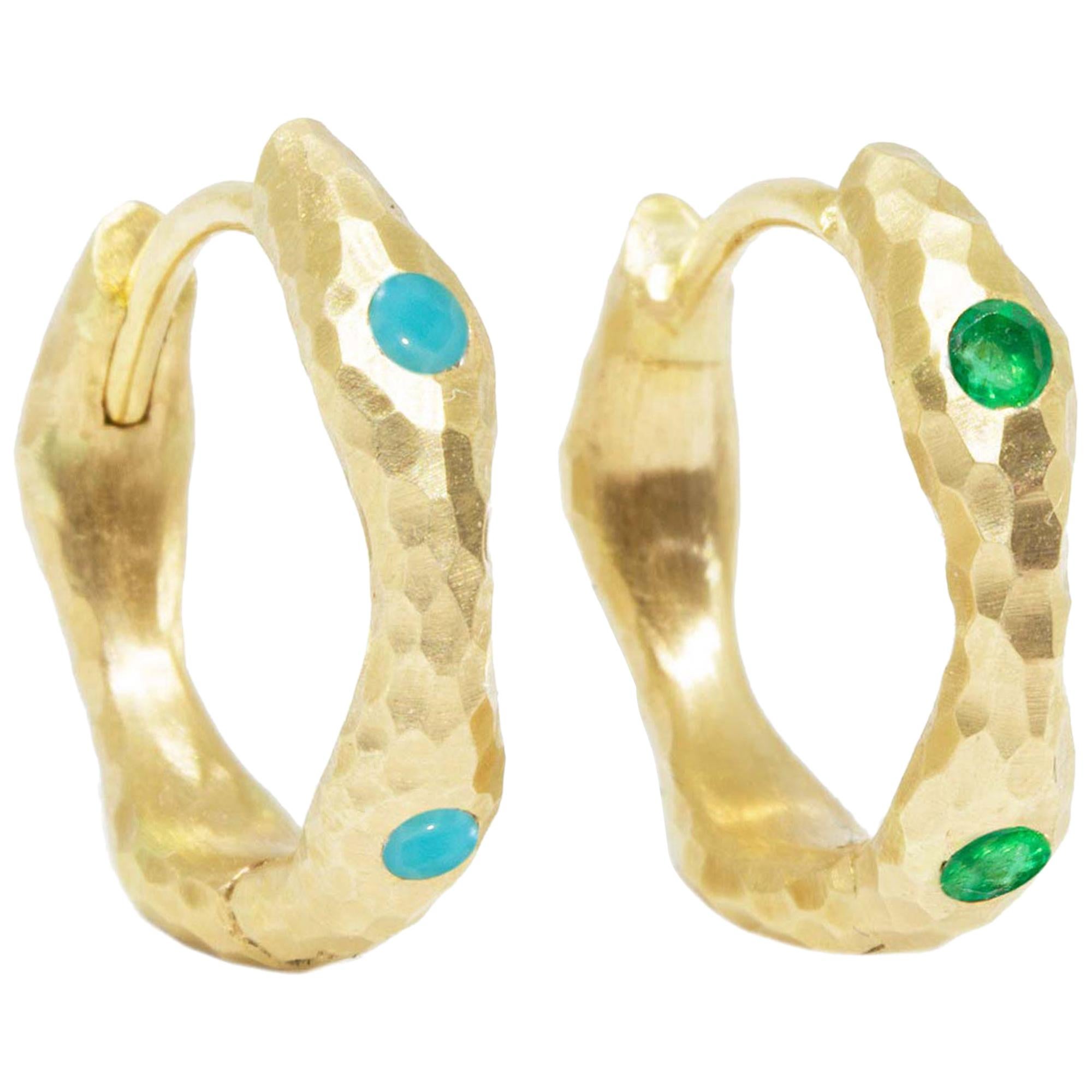 Forged Turquoise and Emerald Gold 14 Karat Reversible Huggies For Sale