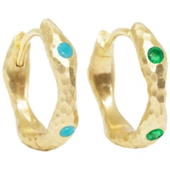 Forged Turquoise and Emerald Gold 14 Karat Reversible Huggies