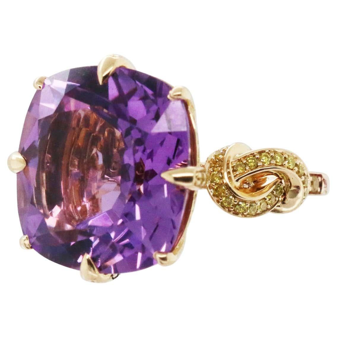 Women's or Men's 'Forget me Knot' Amethyst and Yellow Diamond Cocktail Ring in 18ct Yellow Gold For Sale