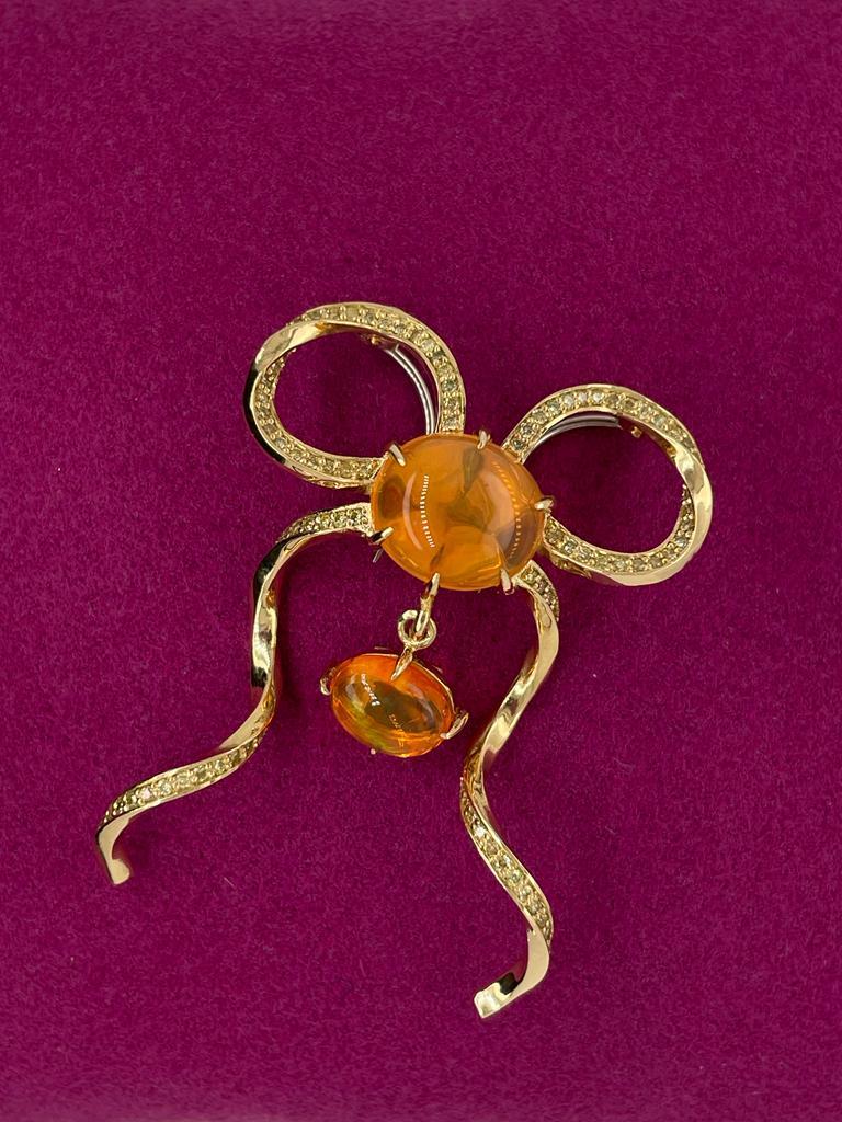 Forget Me Knot Bow Brooch Pendant with Fire Opal and Yellow Diamonds For Sale 2