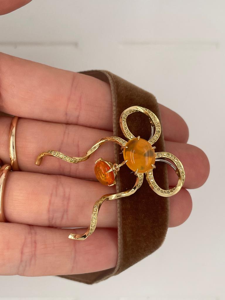 Forget Me Knot Bow Brooch Pendant with Fire Opal and Yellow Diamonds For Sale 4