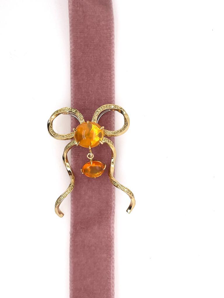 Forget Me Knot Bow Brooch Pendant with Fire Opal and Yellow Diamonds For Sale 6
