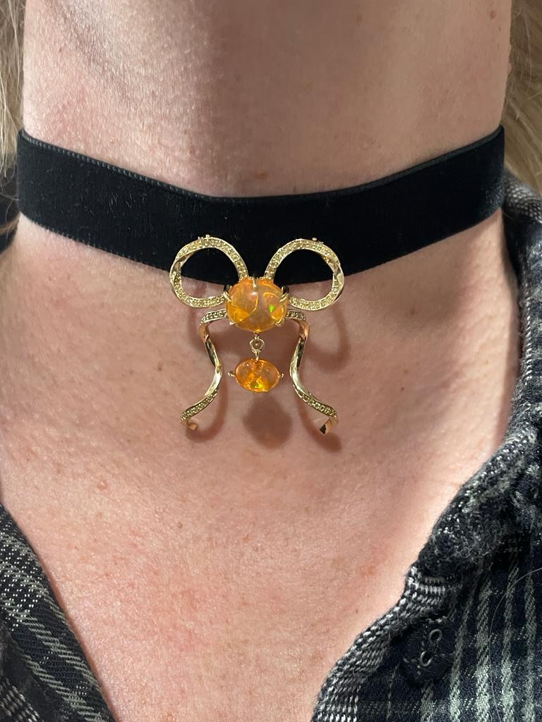 Forget Me Knot Bow Brooch Pendant with Fire Opal and Yellow Diamonds For Sale 9