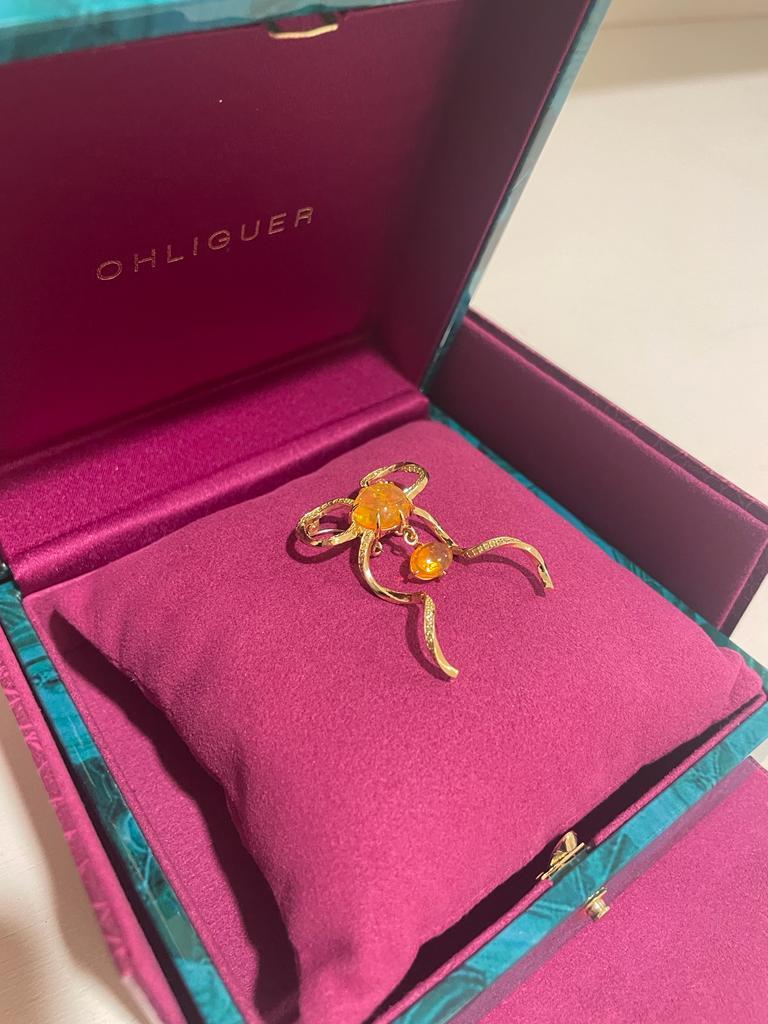 Artisan Forget Me Knot Bow Brooch Pendant with Fire Opal and Yellow Diamonds For Sale