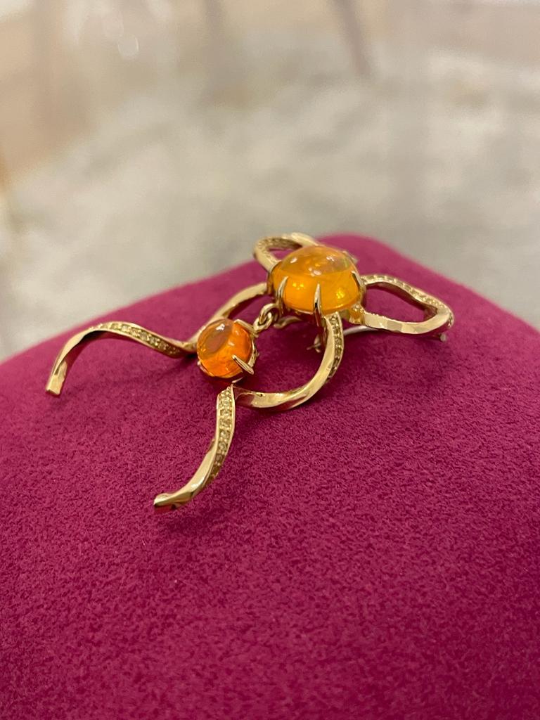 Forget Me Knot Bow Brooch Pendant with Fire Opal and Yellow Diamonds For Sale 1