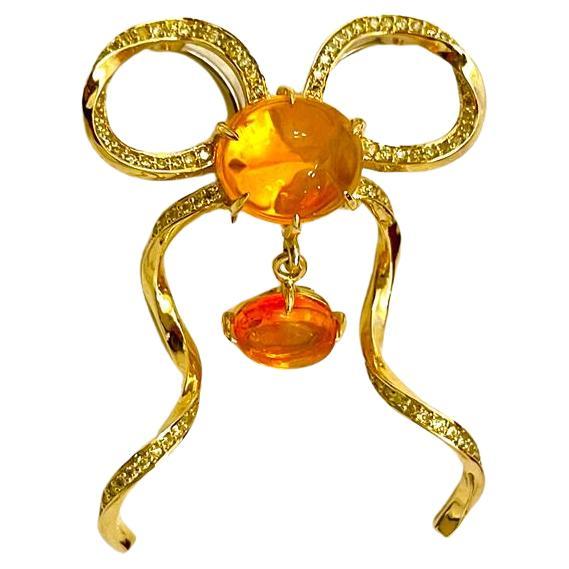 Forget Me Knot Bow Brooch Pendant with Fire Opal and Yellow Diamonds For Sale