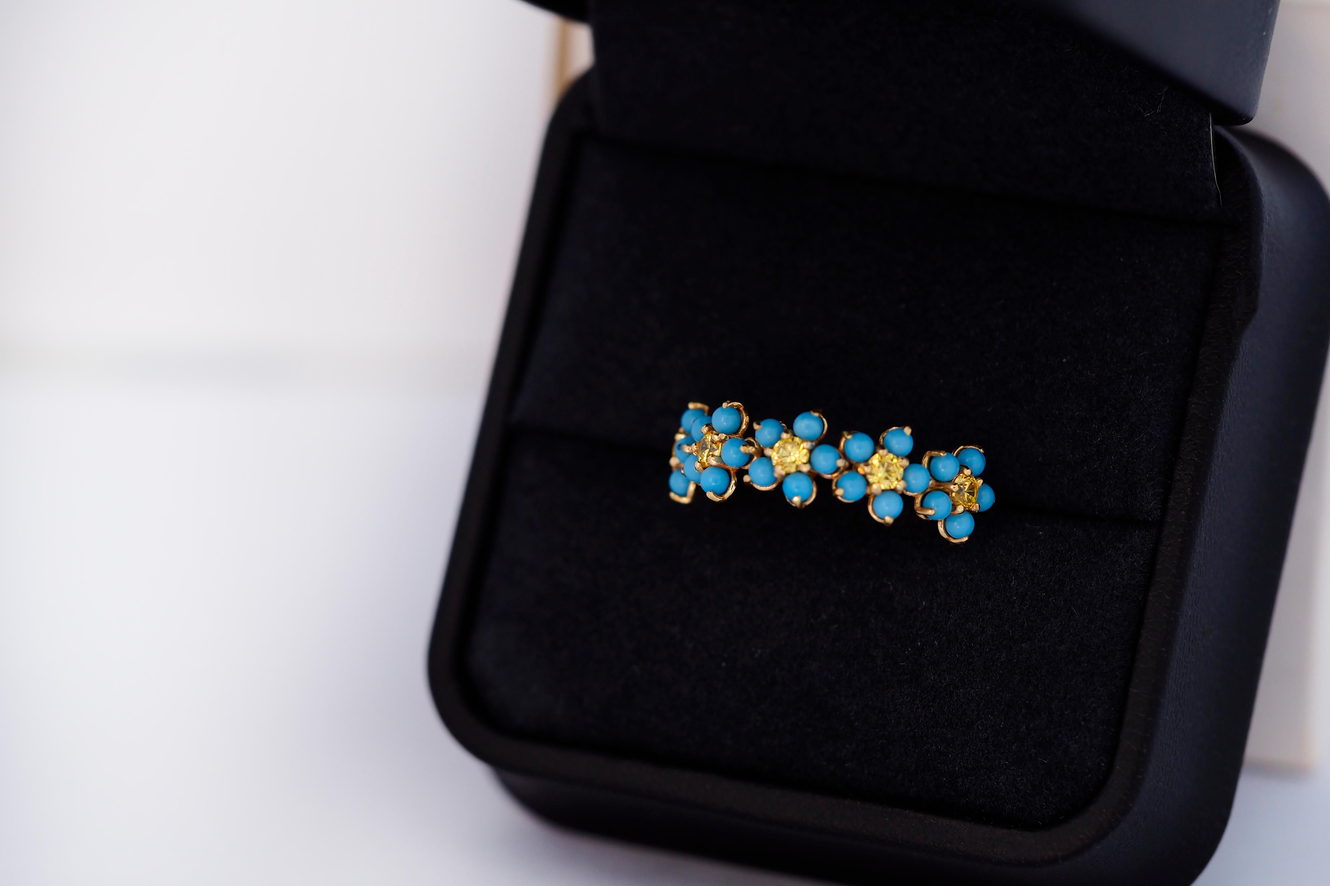 Forget me knot flower 14k gold ring. Five blue petal flower gold ring. Nature inspired ring with turquose and lab sapphire. Lucky flower ring.

Metal: 14k gold
Weight: 2.2 gr depends from size
Gemstones:
Turquoses: natural treated, round cabochon