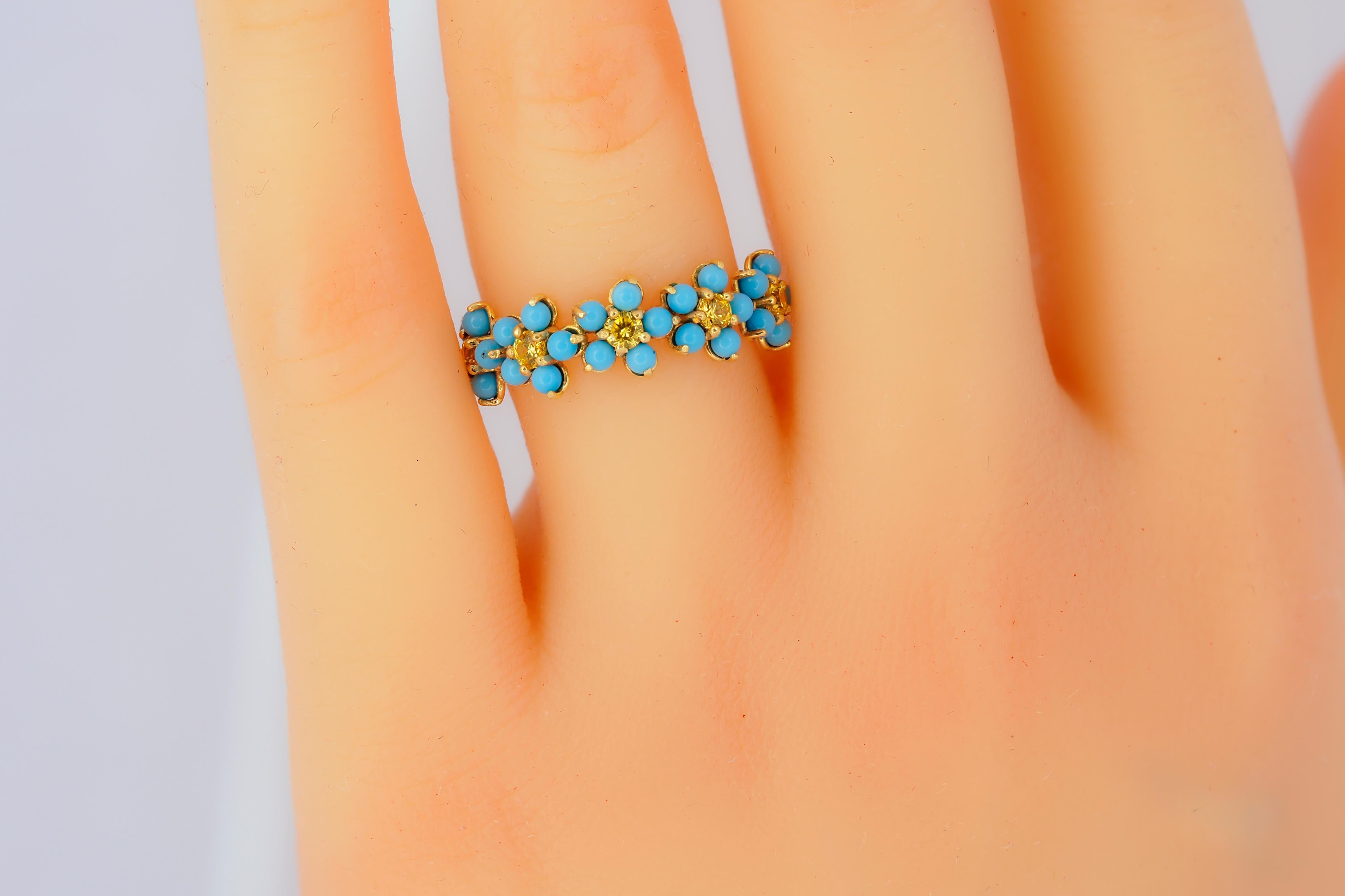 Round Cut Forget me knot flower 14k gold ring For Sale