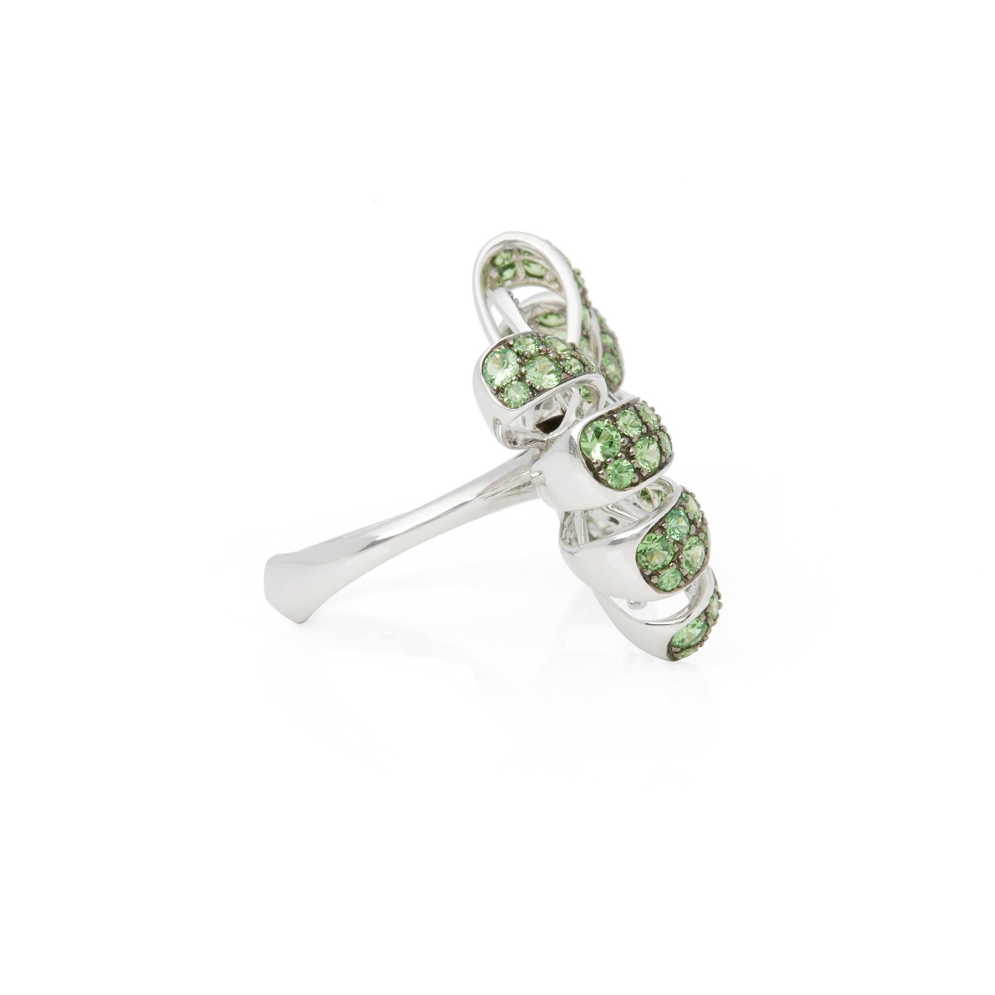 Brilliant Cut Forget me Not 18 Carat White Gold Pave Tsavorite Bow Ring For Sale