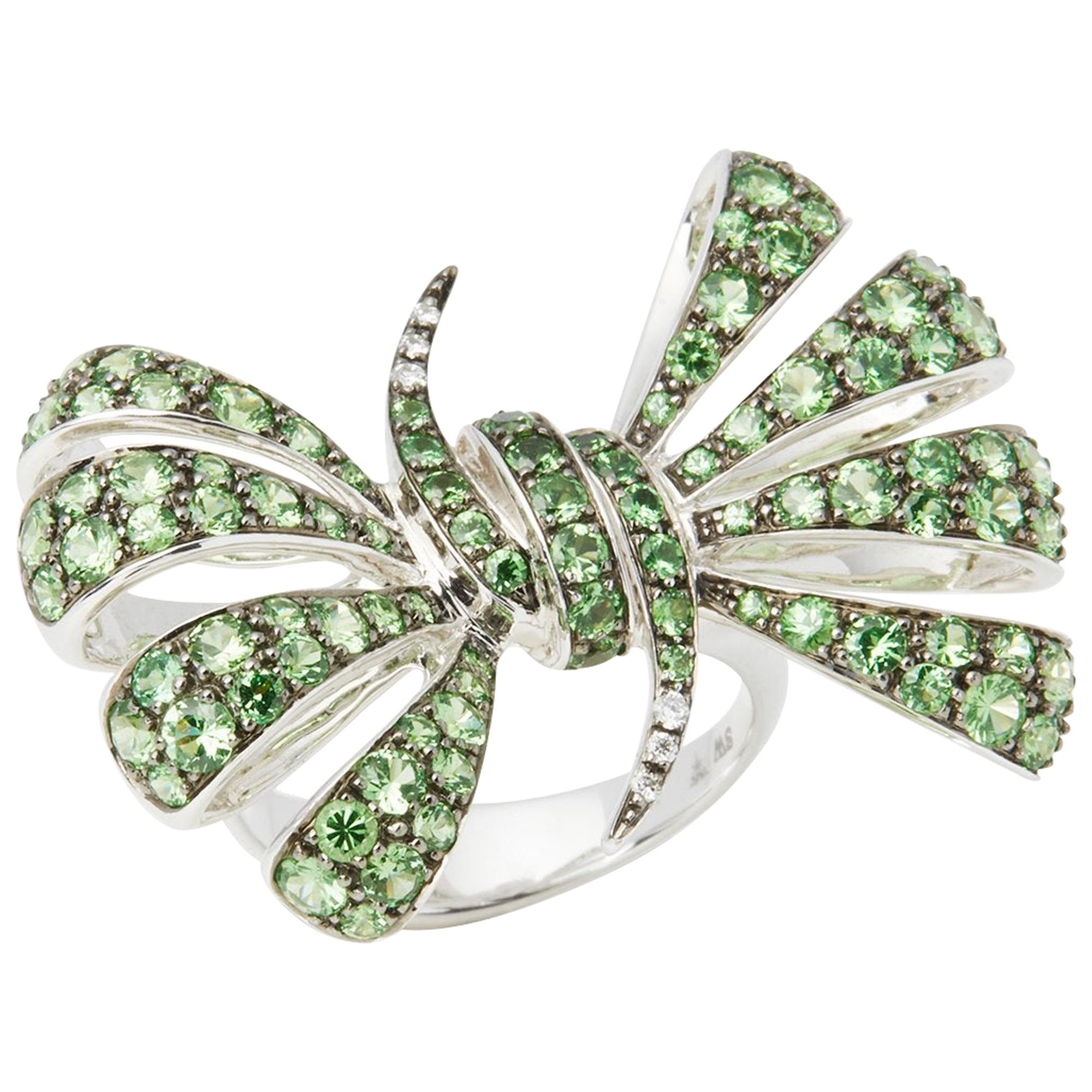 Forget me Not 18 Carat White Gold Pave Tsavorite Bow Ring