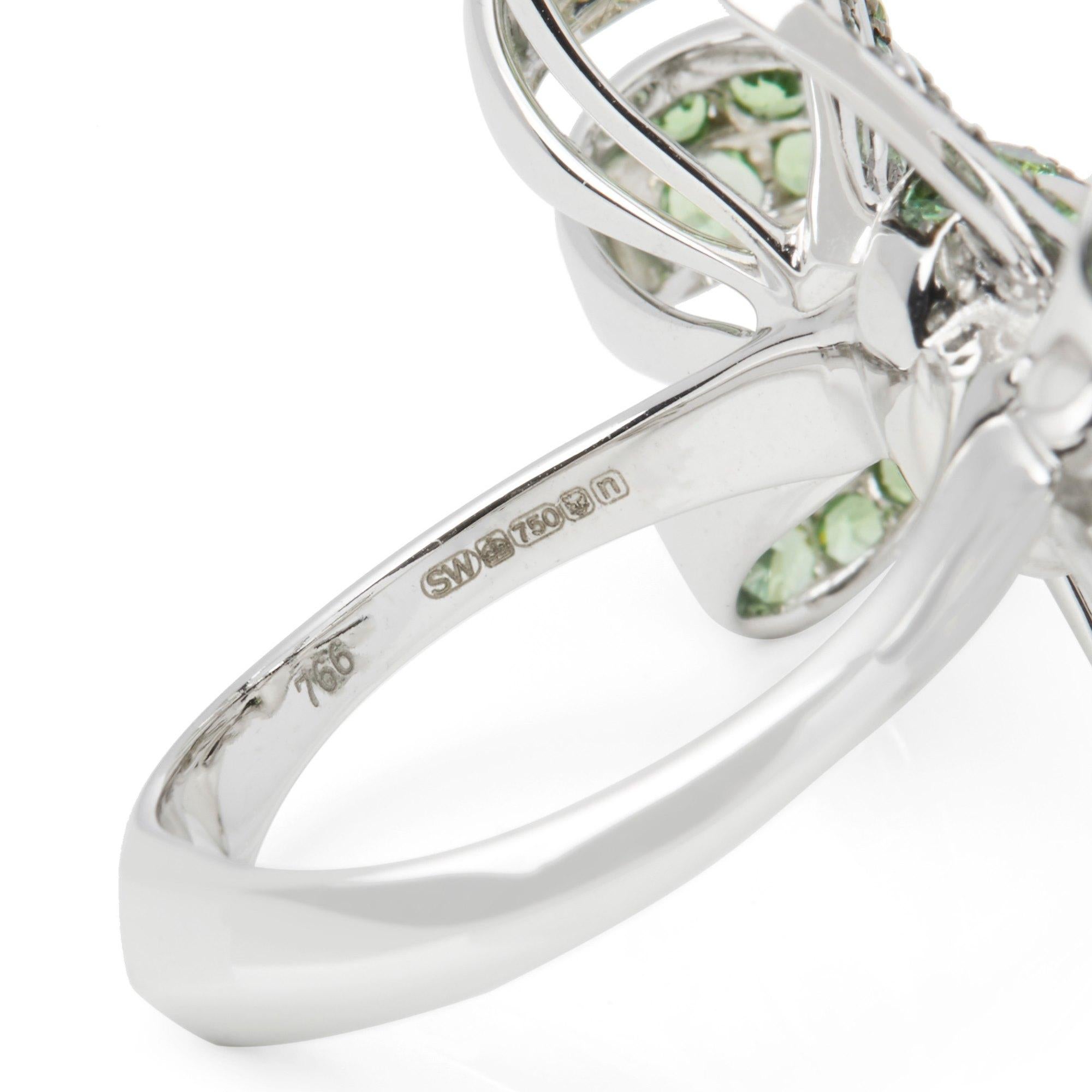 Brilliant Cut Forget me Not 18 Carat White Gold Pave Tsavorite Bow Ring For Sale