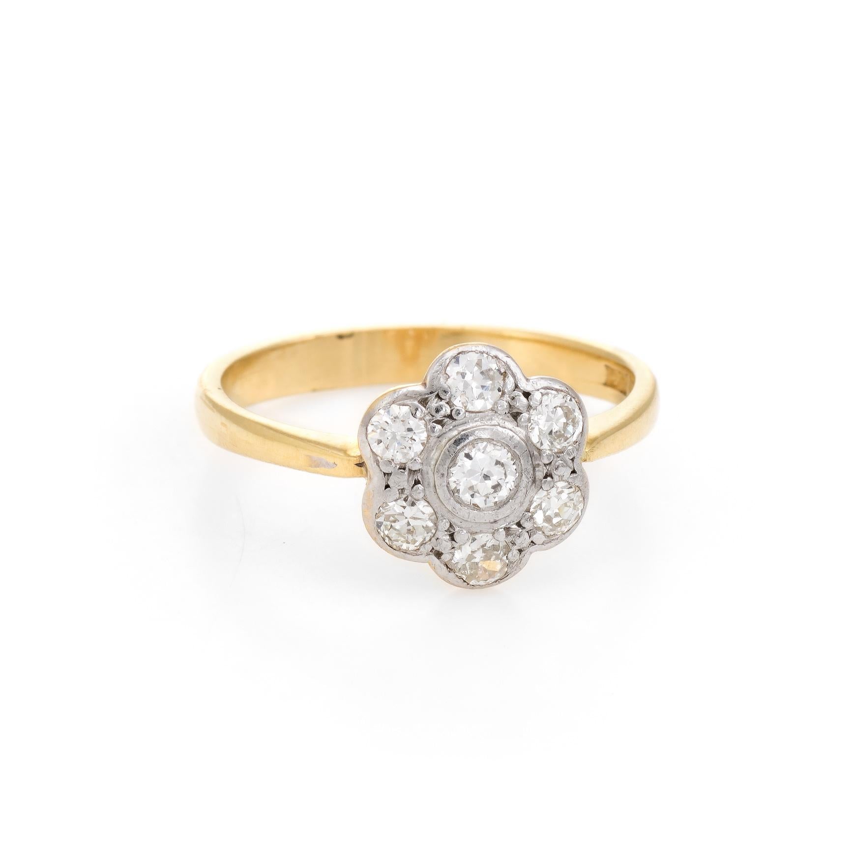 Finely detailed antique Victorian forget-me-not ring set with old mine cut diamonds (circa 1880s to 1900s), crafted in 18 karat yellow gold and 900 platinum. 

The old mine cut diamonds graduate in size from the center (estimated at 0.10 carats) to